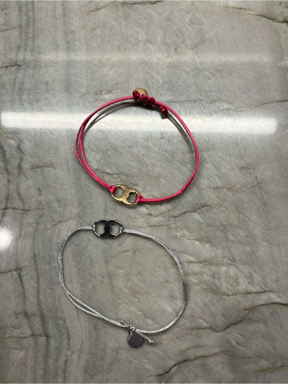 Tory Burch empowerment Adjustable Double-Ring Cord Bracelet Set in Pink & Silver - Picture 2 of 3
